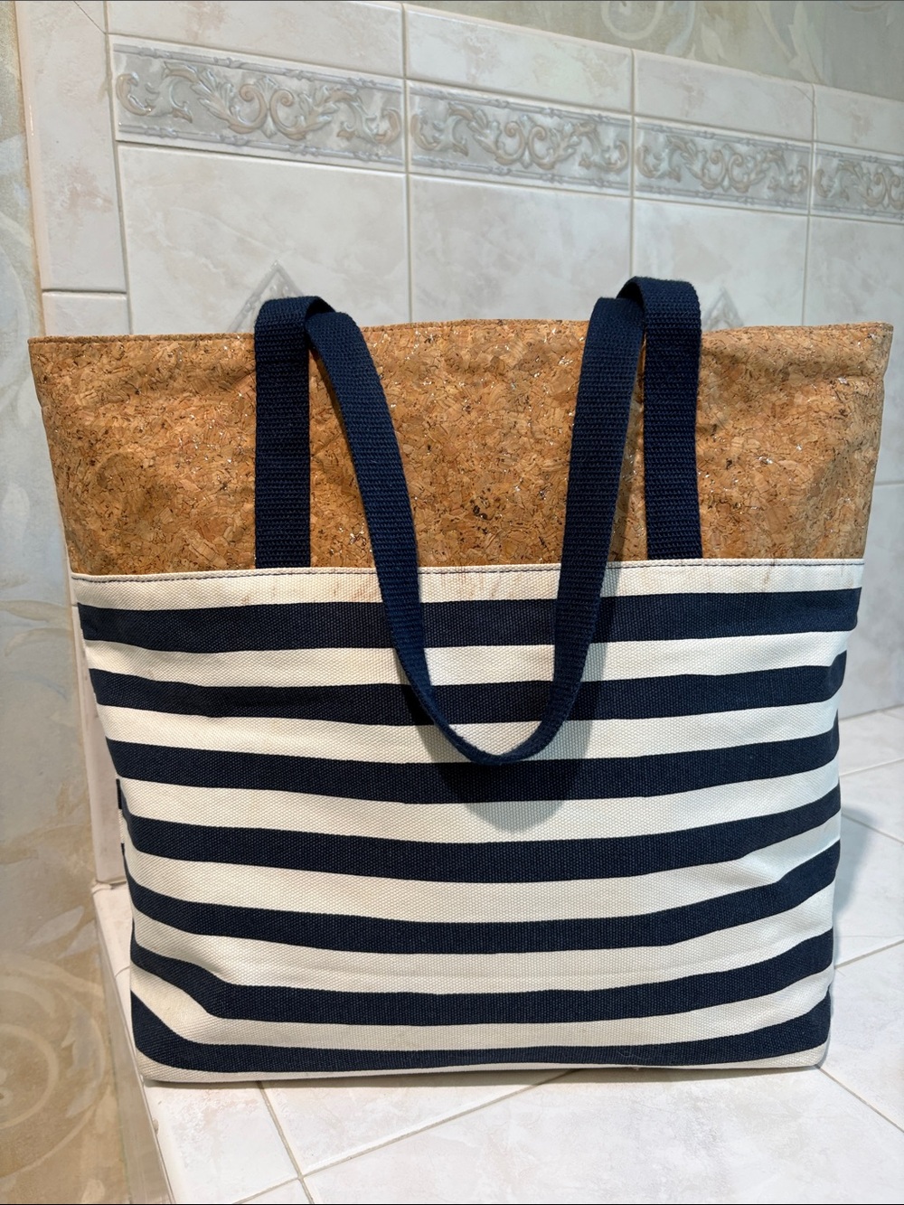 Thirty-One Cotton Striped Navy and White Tote Bag with Cork Trim